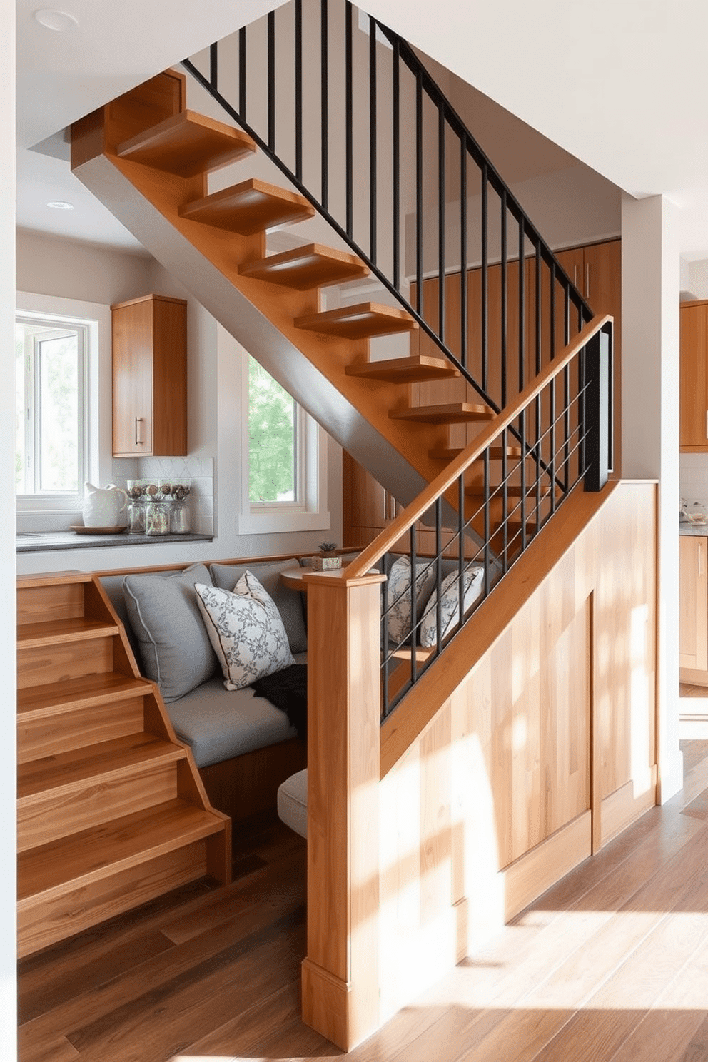 A cozy integrated seating area is nestled beneath the staircase, featuring a built-in bench upholstered in soft gray fabric. The space is adorned with decorative pillows and a small, round table, creating an inviting nook for relaxation and casual dining. The staircase in the kitchen design boasts sleek wooden steps with a modern metal railing, enhancing the open concept feel. Natural light floods the area through a nearby window, illuminating the warm tones of the cabinetry and the elegant layout of the kitchen.