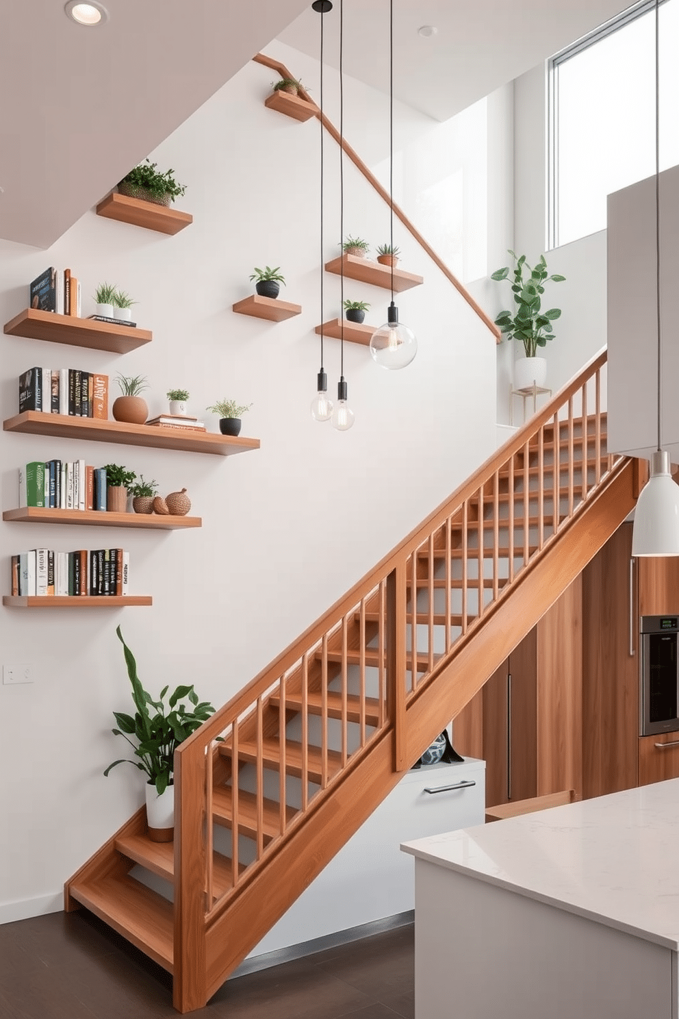 A modern kitchen design featuring a staircase with a wall adorned with floating shelves. The shelves are filled with a mix of plants, cookbooks, and decorative items, creating a vibrant focal point in the space. The staircase itself has a sleek wooden railing and is illuminated by pendant lights that hang above. The kitchen area is open and airy, with a large island that complements the overall design aesthetic.