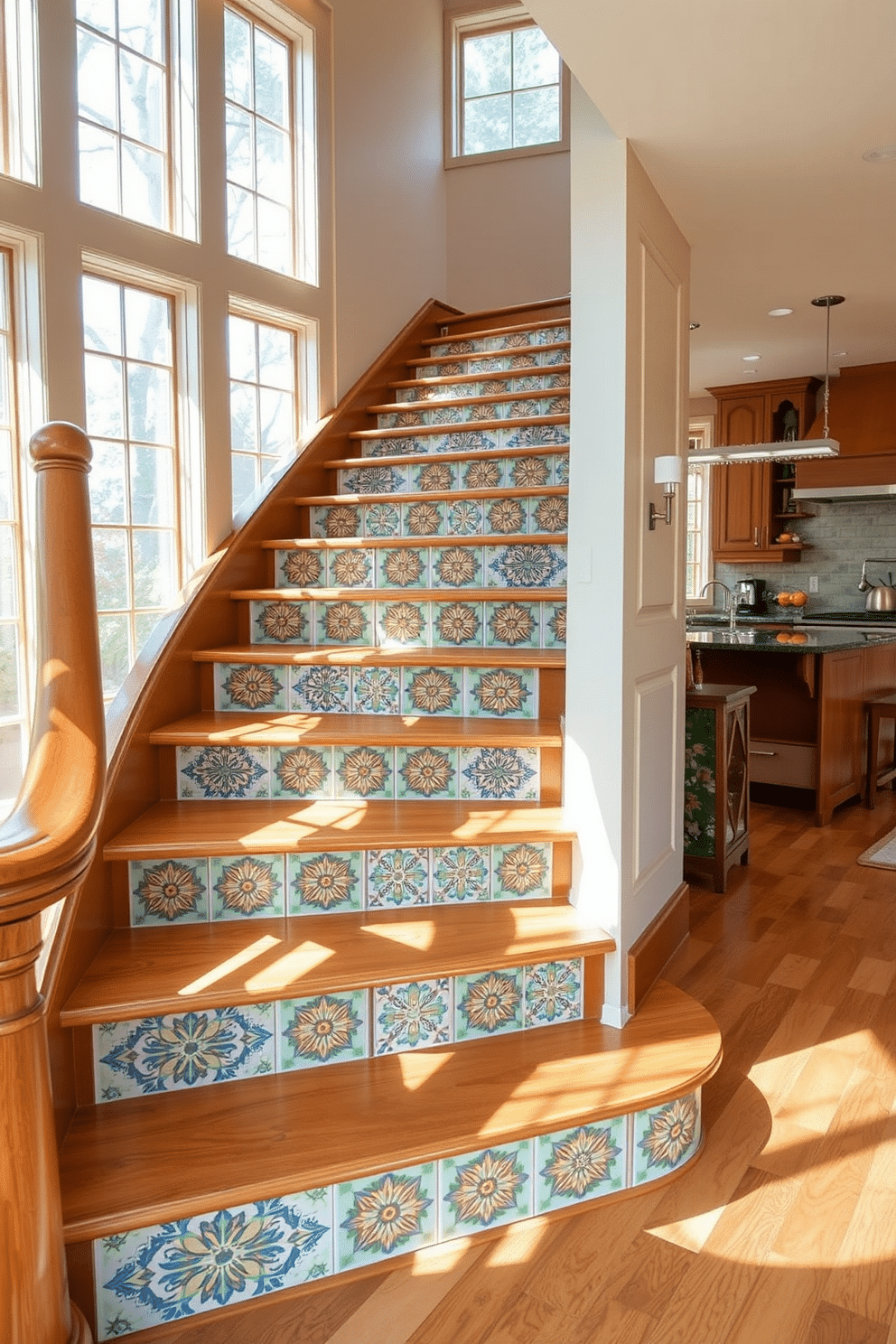 A stunning staircase features decorative tile risers that showcase intricate patterns, adding a vibrant touch to the space. The handrail is crafted from polished wood, complementing the warm tones of the surrounding kitchen design. The kitchen boasts a modern aesthetic with sleek cabinetry and stainless steel appliances, creating an inviting atmosphere. Natural light floods the area through large windows, highlighting the beautiful tile work on the staircase and enhancing the overall elegance of the home.