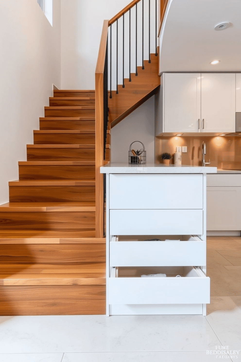 A sleek and modern staircase seamlessly integrates into the kitchen, featuring multi-functional steps with hidden drawers for efficient storage. The staircase is crafted from warm wood, contrasting beautifully with the contemporary white cabinetry and sleek stainless steel appliances in the kitchen.