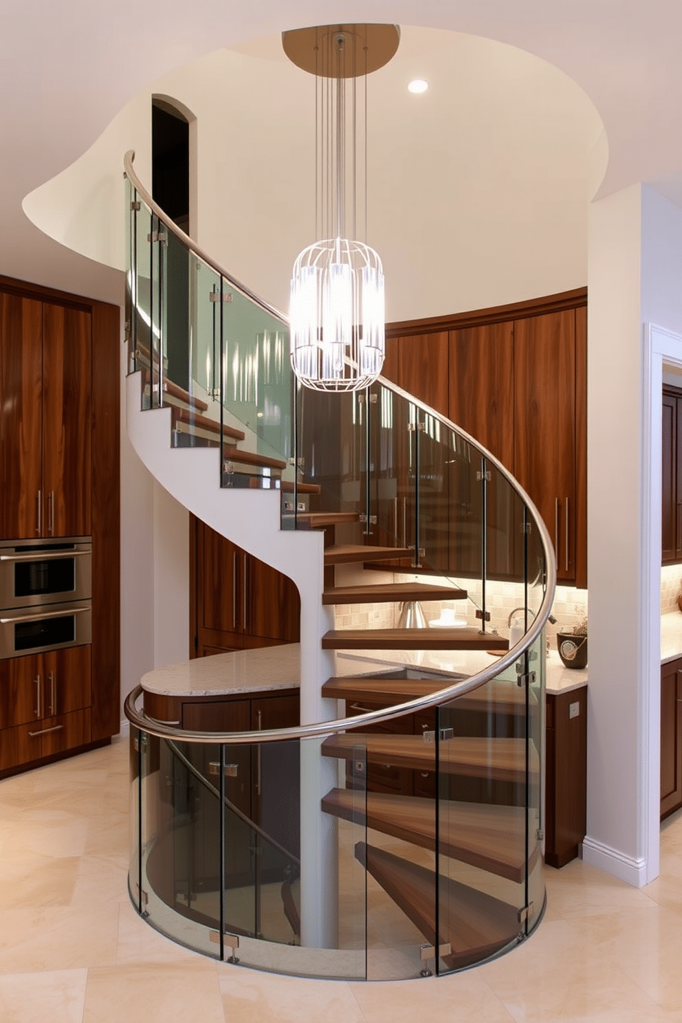 A stunning spiral staircase features sleek glass railing accents that enhance its modern aesthetic. The staircase is illuminated by a contemporary chandelier above, creating a dramatic focal point in the space. In the kitchen, the staircase seamlessly integrates with the design, showcasing a blend of functionality and style. The surrounding area is adorned with high-end finishes, including custom cabinetry and elegant countertops, providing a cohesive look.