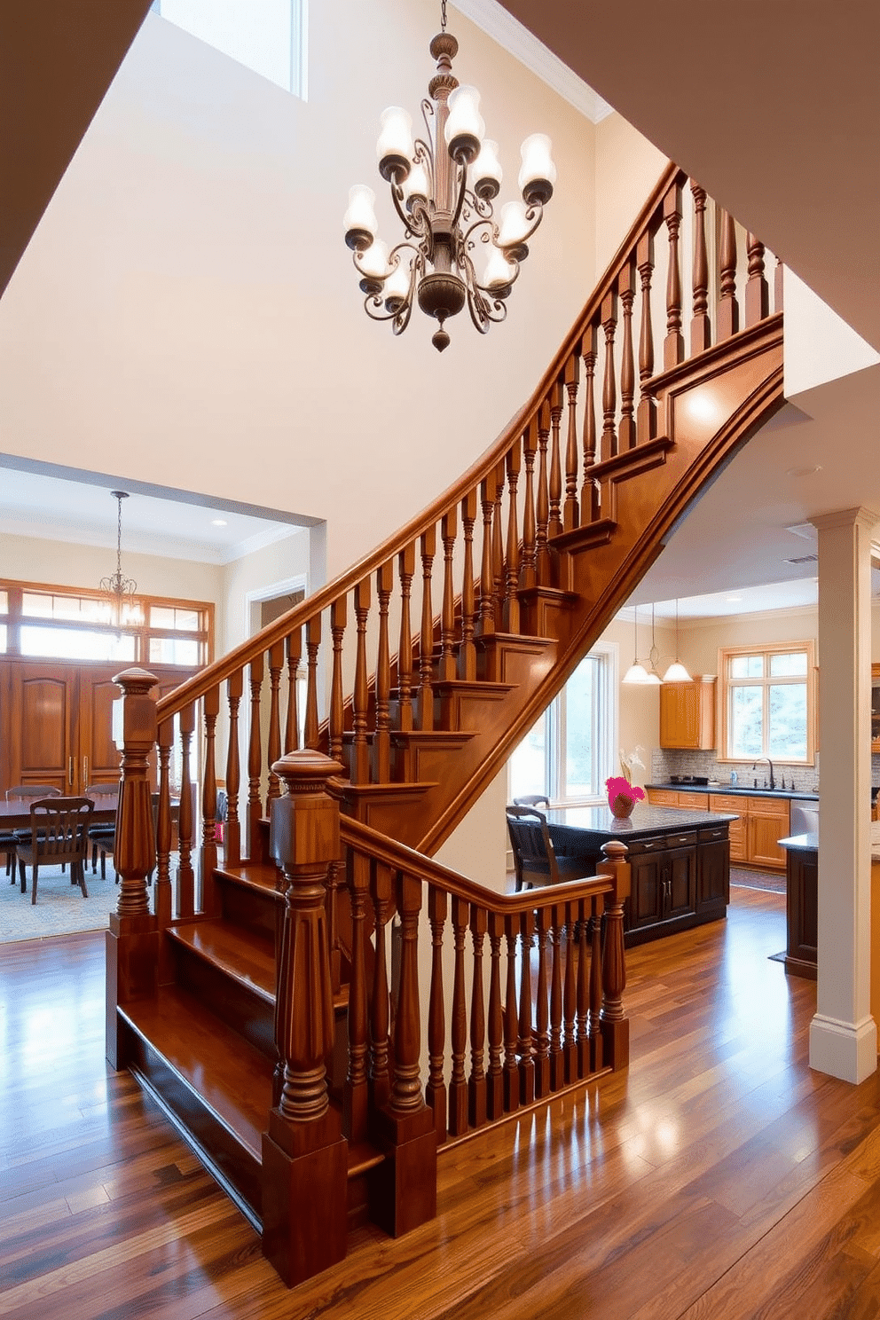 A traditional wooden staircase with ornate balusters gracefully ascends to the upper level, showcasing intricate craftsmanship and rich, warm tones. The staircase is illuminated by a stunning chandelier above, casting a soft glow that highlights the beauty of the wood and the elegant details of the balusters. In the kitchen, the design features a blend of classic and modern elements, with custom cabinetry that complements the staircase's wood finish. The open layout allows for natural light to flood the space, enhancing the inviting atmosphere and creating a seamless flow between the kitchen and the adjoining living areas.