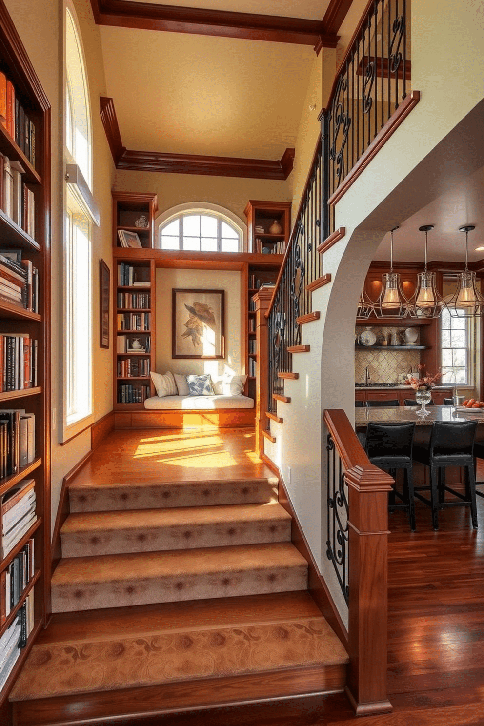 A beautifully designed staircase leads to a cozy nook bathed in warm, natural light. The nook features plush seating with soft cushions, surrounded by bookshelves filled with an array of books and decorative items. The staircase is crafted from rich hardwood, with elegant wrought iron railings that add a touch of sophistication. In the kitchen, the design incorporates sleek cabinetry and a large island with bar stools, creating a seamless flow between cooking and relaxation spaces.