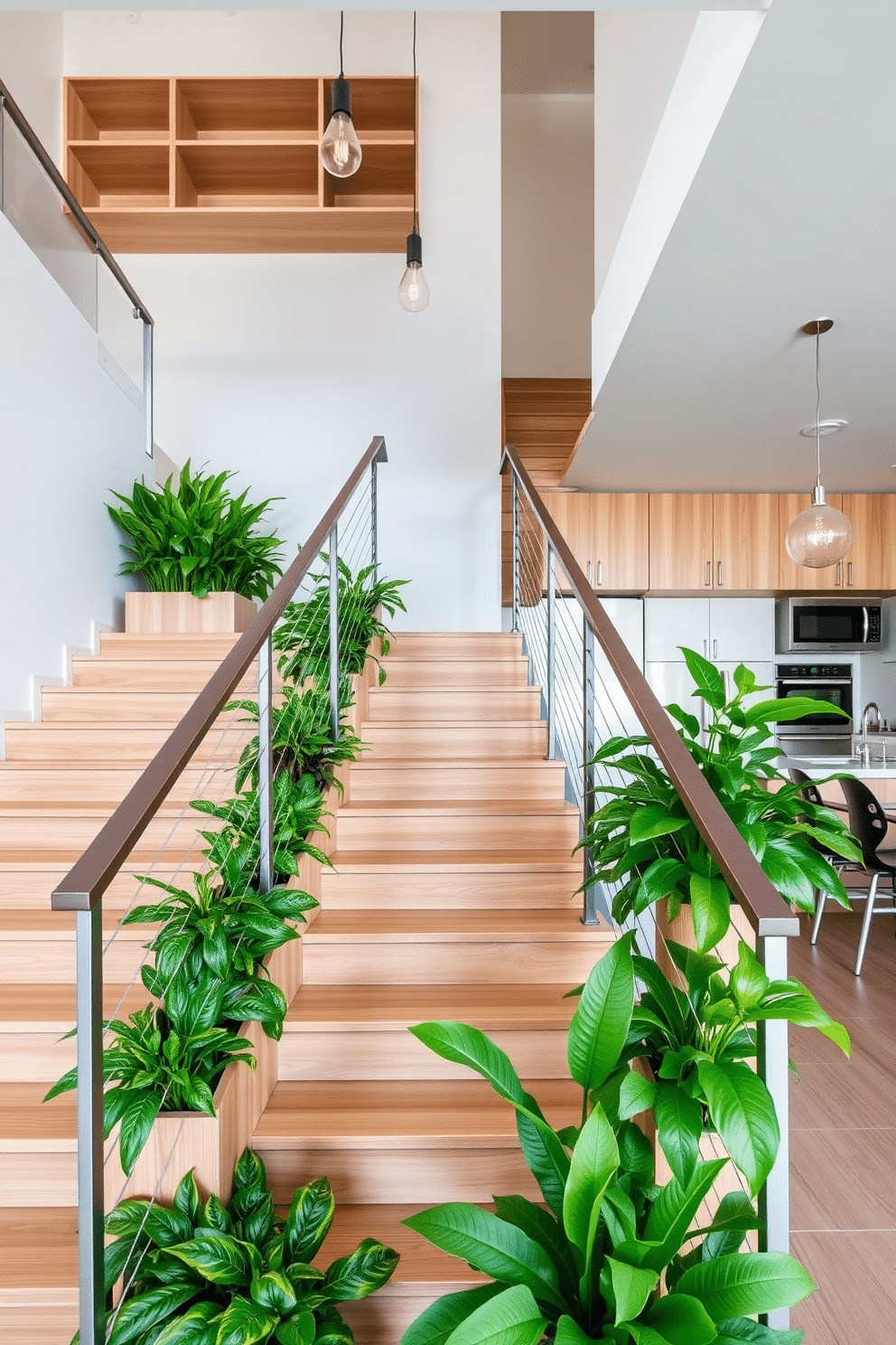 A modern staircase featuring built-in planters on each side, allowing for lush greenery to accentuate the design. The stairs are crafted from light hardwood, with sleek metal railings that complement the vibrant plants. The staircase is integrated into a contemporary kitchen, with open shelving above and stylish pendant lights hanging overhead. The kitchen area boasts a clean, minimalist aesthetic, showcasing a blend of natural materials and modern appliances.