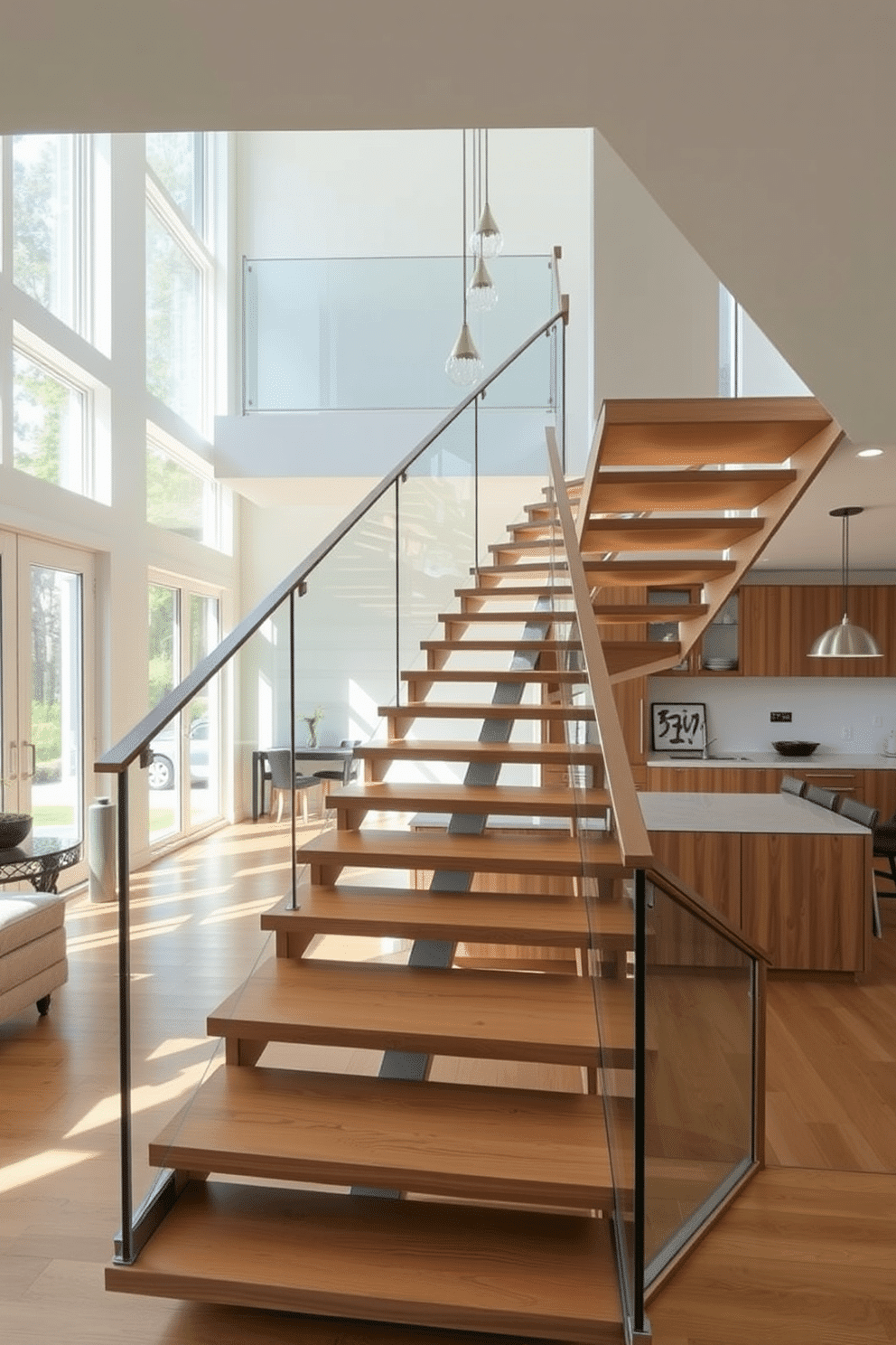 Open staircase design for spacious feel. The staircase features a sleek, floating design with glass railings that enhance the sense of openness. Natural light floods the space through large windows, illuminating the elegant wood steps and creating a warm atmosphere. Staircase in Kitchen Design Ideas. The staircase is integrated into the kitchen area, with open risers that match the cabinetry, providing a seamless flow. Pendant lighting hangs above, accentuating the modern aesthetic while ensuring the staircase remains a focal point in the design.