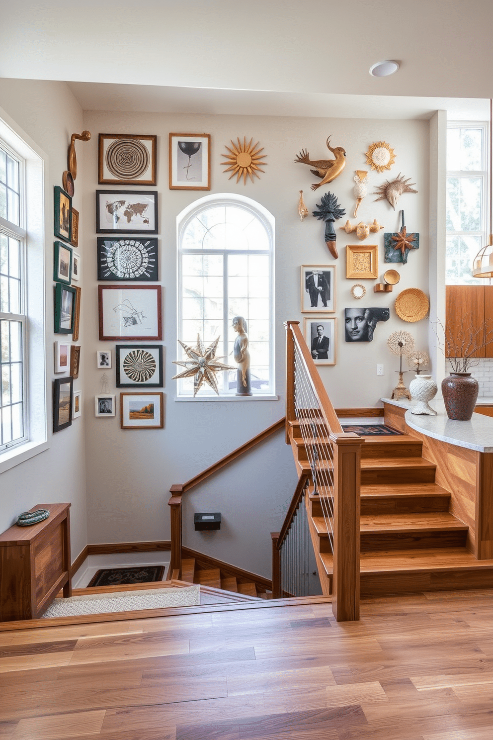 A stunning staircase featuring artistic wall decor displays that enhance the overall aesthetic of the space. The walls are adorned with a mix of framed artwork and sculptural elements, creating a visually engaging focal point. The staircase itself is designed with sleek wooden treads and a modern railing that complements the kitchen's contemporary style. Natural light floods the area through large windows, illuminating the space and highlighting the unique decor elements along the walls.