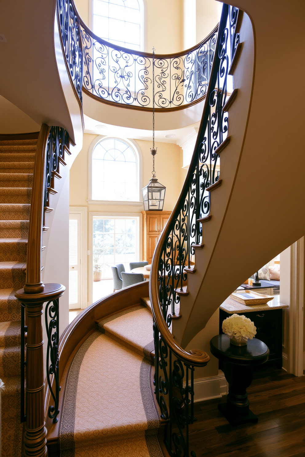 An elegant staircase features intricate wrought iron railings, gracefully sweeping upwards with a polished wooden banister. The stairs are adorned with a soft runner that complements the surrounding decor, creating a warm and inviting atmosphere. In the kitchen, the staircase is seamlessly integrated, showcasing a blend of modern and traditional design elements. Natural light filters through large windows, illuminating the space and enhancing the rich textures of the cabinetry and flooring.