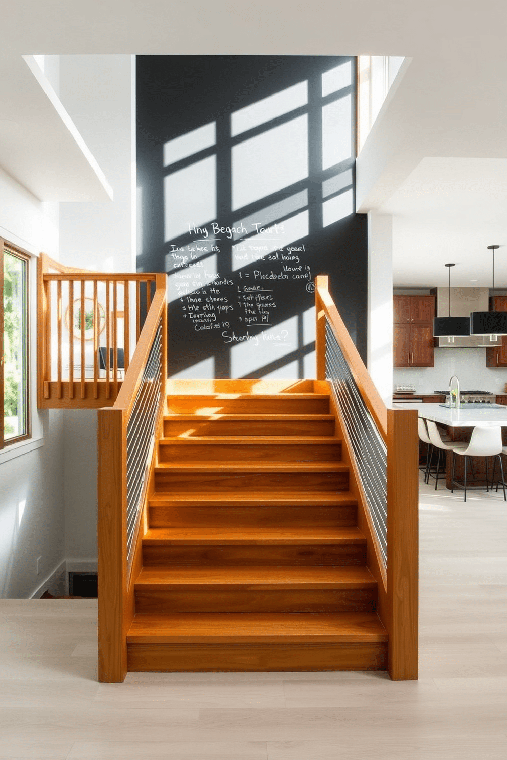 A modern staircase featuring a chalkboard wall, perfect for jotting down notes and reminders. The wall is framed by sleek wooden banisters, and the steps are finished in a rich oak, creating a warm and inviting atmosphere. The staircase seamlessly integrates into an open kitchen design, where natural light floods the space. The kitchen boasts contemporary cabinetry and a large island, complementing the staircase's modern aesthetic.