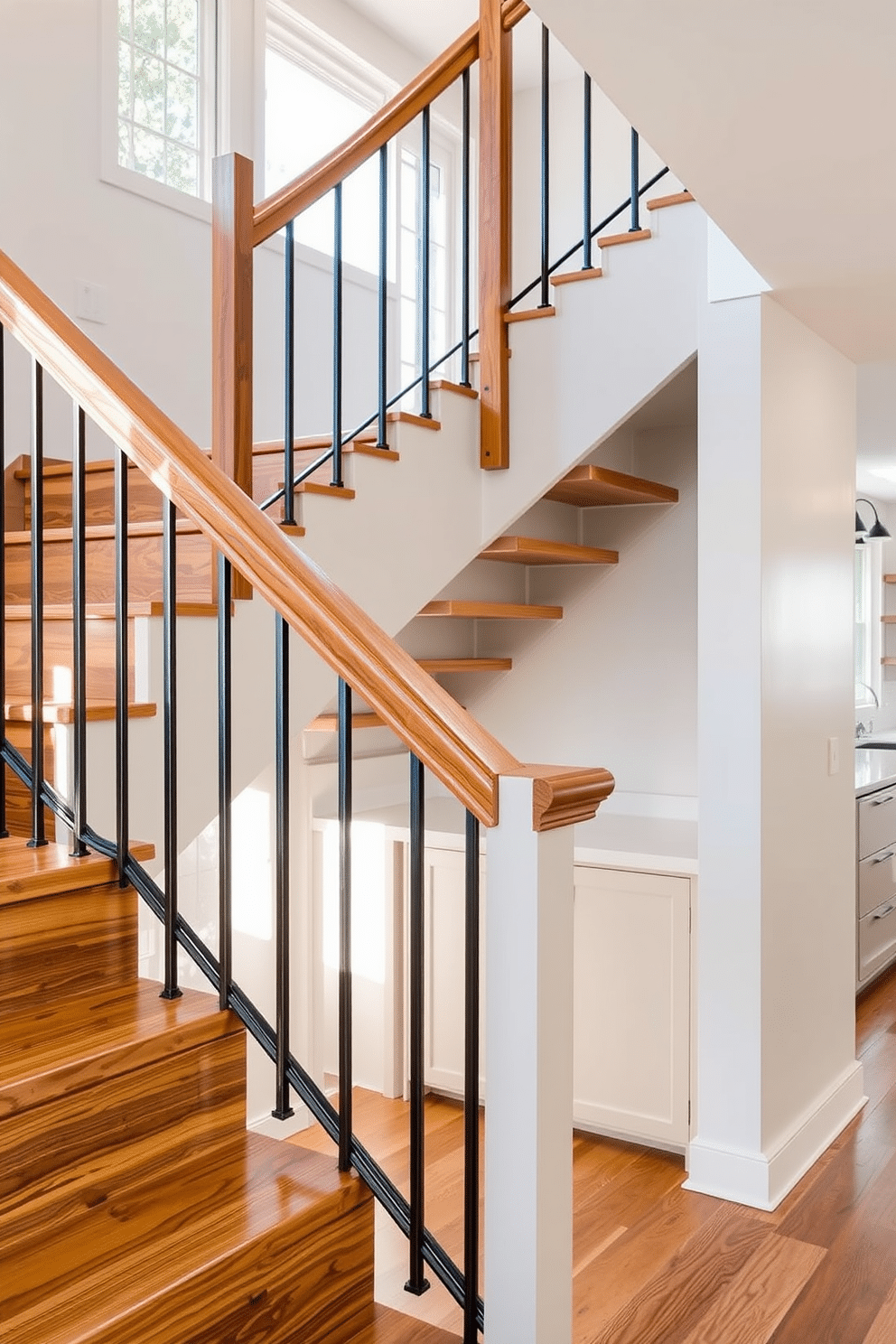 A stylish staircase featuring a combination of wood and metal elements, showcasing a sleek wooden handrail and open metal balusters. The steps are crafted from rich hardwood, contrasting beautifully with a modern glass panel on one side, allowing light to flow through the space. In a contemporary kitchen design, the staircase seamlessly integrates with the overall aesthetic, featuring a minimalist design that complements the cabinetry. The area beneath the staircase is utilized for additional storage, with custom cabinetry that matches the kitchen's color palette and style.