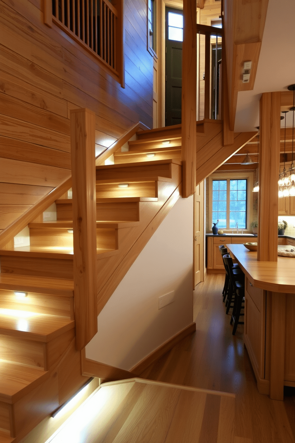 Rustic wooden stairs with under-lighting features create a warm and inviting atmosphere in the home. The natural grain of the wood is highlighted by soft LED lights that illuminate each step, adding both safety and charm. In the kitchen, the staircase seamlessly integrates with the design, featuring open risers that enhance the sense of space. The surrounding cabinetry complements the rustic aesthetic, while pendant lights above the kitchen island provide additional illumination and style.