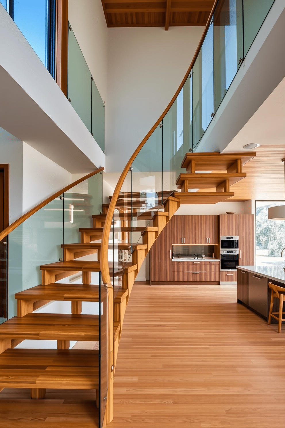 A stunning bamboo staircase elegantly winds its way upward, showcasing the natural beauty of the material. The balustrades are crafted from sleek glass, allowing light to flow through while highlighting the rich tones of the bamboo. In a contemporary kitchen, the bamboo staircase serves as a striking focal point, seamlessly blending functionality with eco-friendly design. The open layout features modern cabinetry and a spacious island, creating an inviting atmosphere for cooking and entertaining.