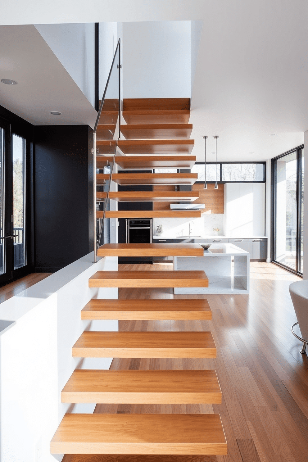 Floating stairs leading to a modern kitchen. The sleek, minimalist design features open risers made of polished wood, seamlessly connecting the kitchen's contemporary aesthetic. The kitchen below boasts high-end appliances and a large island with a waterfall countertop. Large windows flood the space with natural light, enhancing the clean lines and modern finishes throughout.