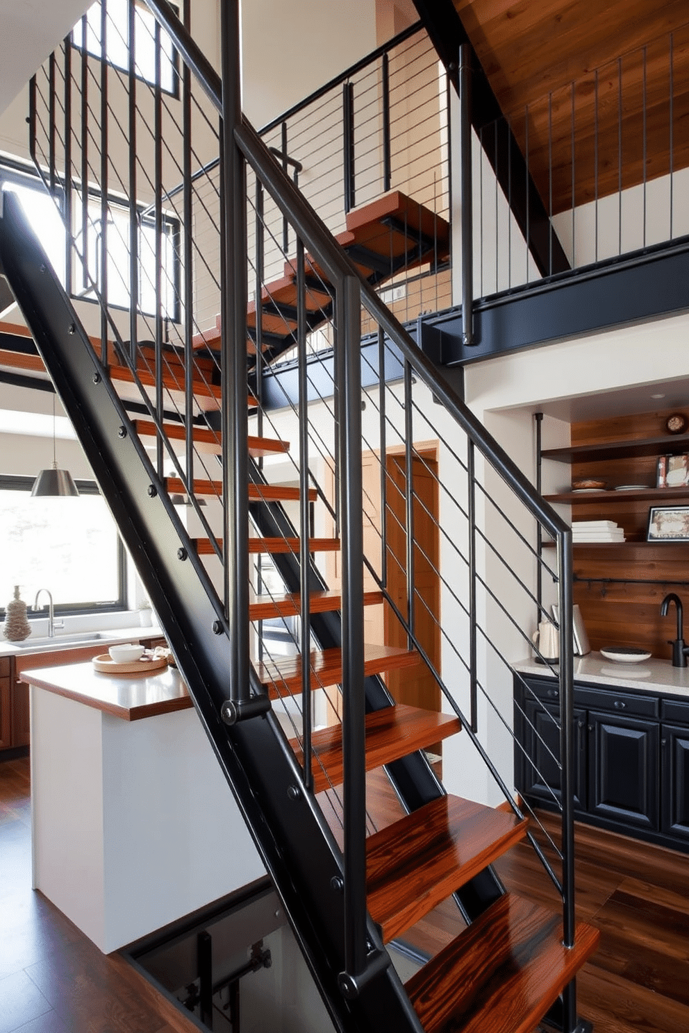 An industrial-style metal staircase ascends gracefully, featuring rich wooden treads that contrast beautifully with the sleek metal framework. The surrounding kitchen design incorporates open shelving with rustic accents, creating a harmonious blend of modern and traditional elements.