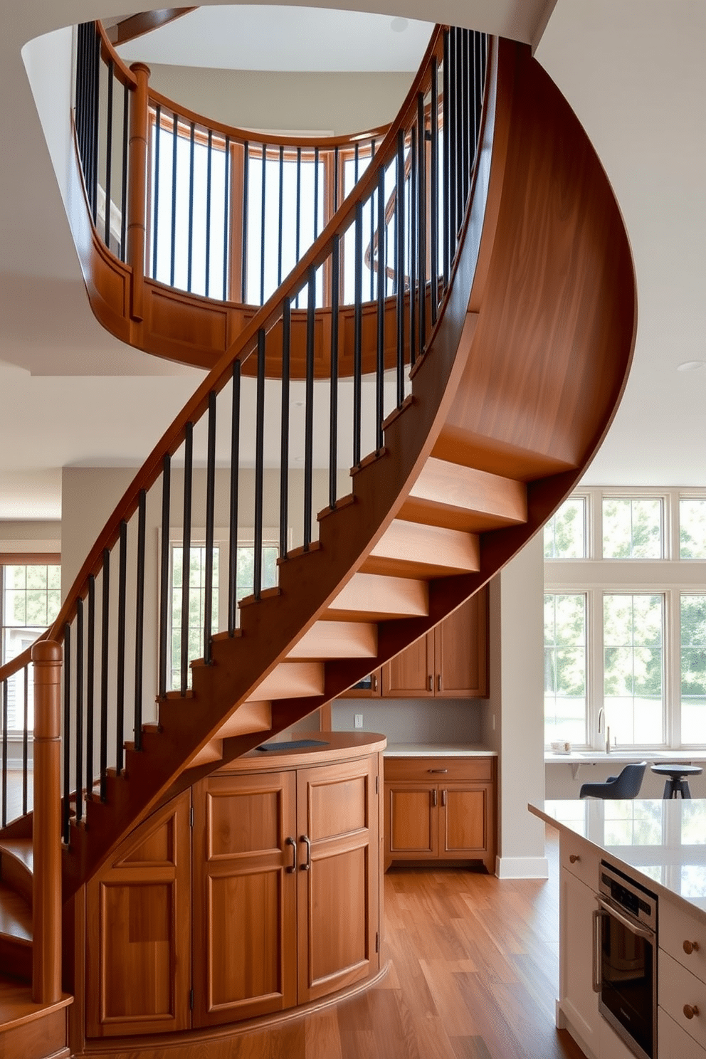 A stunning curved staircase gracefully ascends, featuring elegant wooden railings and a smooth, polished banister. Beneath the staircase, custom-built cabinets offer ample storage, seamlessly blending functionality with style. In the kitchen, the staircase serves as a striking focal point, complemented by modern cabinetry and sleek countertops. Natural light floods the space through large windows, highlighting the harmonious blend of contemporary design and classic architectural elements.