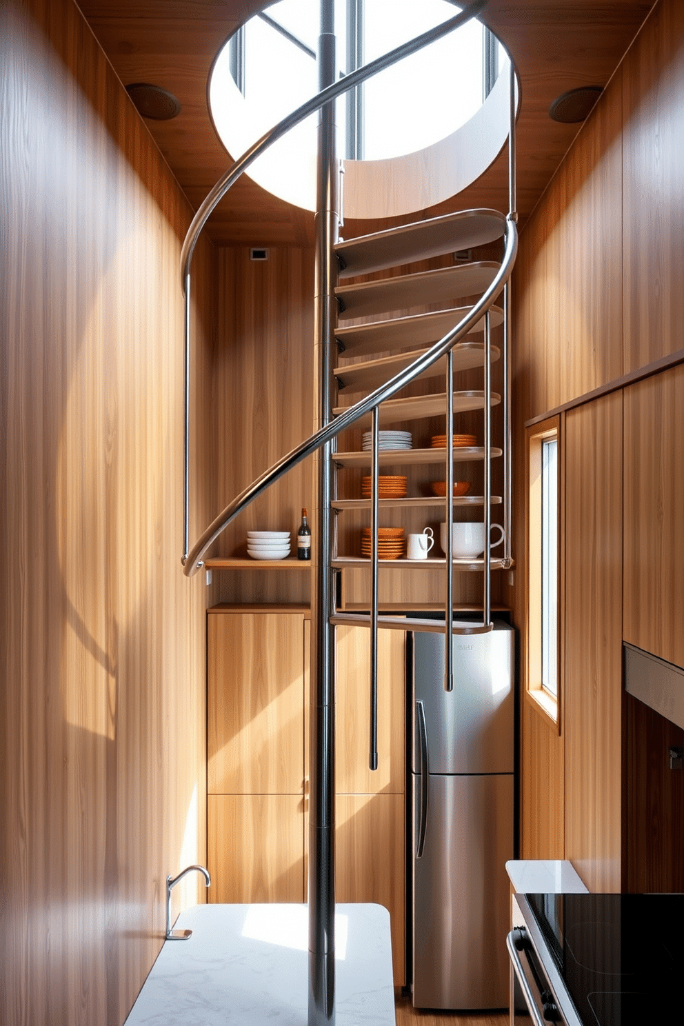 A compact spiral staircase elegantly winds up through a small kitchen, crafted from sleek metal with a polished finish. The surrounding walls are adorned with warm wood paneling, and the staircase features a minimalist design that maximizes space while adding a modern touch. The kitchen below showcases a blend of functionality and style, with open shelving displaying colorful dishware and a small island for meal prep. Natural light floods the area through a nearby window, highlighting the rich textures of the cabinetry and the contemporary appliances.