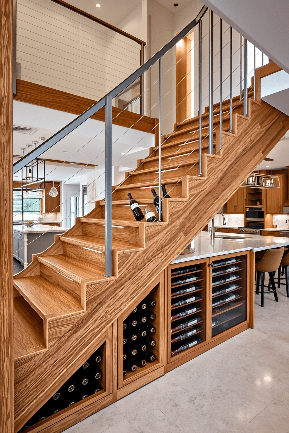 A modern staircase featuring integrated wine storage solutions, crafted from rich oak wood with sleek metal railings. The wine storage is seamlessly built into the lower steps, showcasing an elegant display of bottles under soft LED lighting. A spacious kitchen with a stunning staircase that incorporates wine storage beneath the stairs. The kitchen boasts a contemporary design with an open layout, featuring a large island and high-end appliances, while the staircase adds a unique focal point to the space.