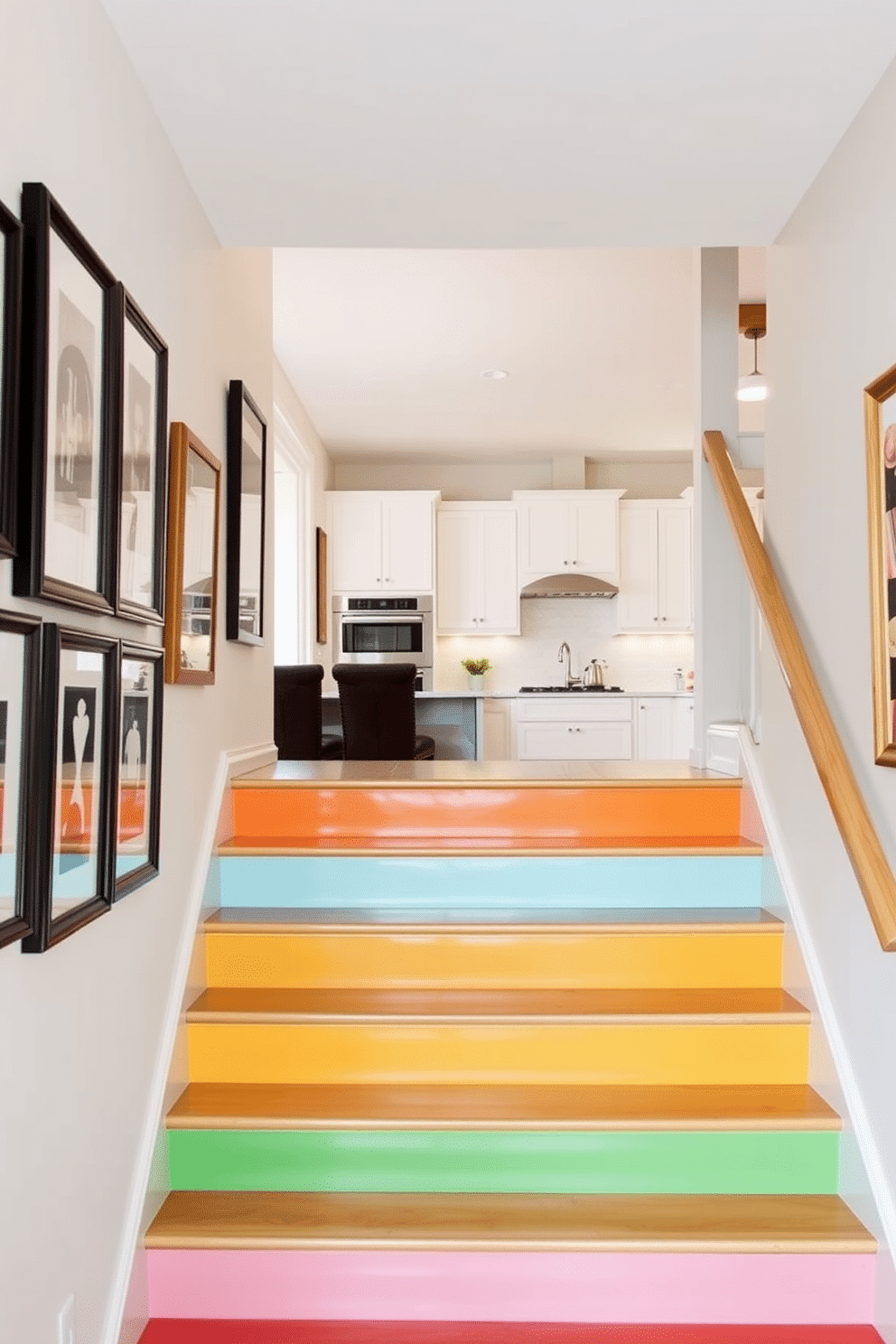 A vibrant staircase features painted risers in a variety of colors, creating a cheerful focal point in the home. The surrounding walls are adorned with framed artwork, complementing the lively hues of the steps. In the kitchen, the staircase leads to an open-concept design that seamlessly blends functionality and style. Sleek cabinetry in soft white tones contrasts beautifully with the warm wooden accents, enhancing the inviting atmosphere of the space.