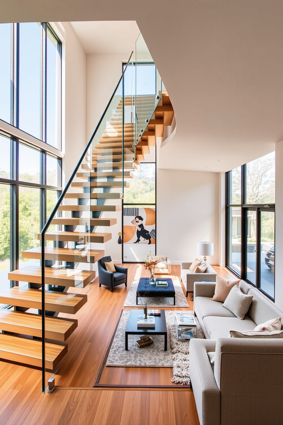 A stunning floating staircase with a sleek glass railing elegantly ascends to the upper level, creating an open and airy feel in the living room. The staircase features warm wooden treads that contrast beautifully with the modern glass panels, allowing natural light to flow through the space. In the living room, a cozy seating area is arranged around a contemporary coffee table, complemented by plush sofas and accent chairs. Large windows frame the space, offering a view of the outdoors while enhancing the overall brightness and inviting atmosphere.