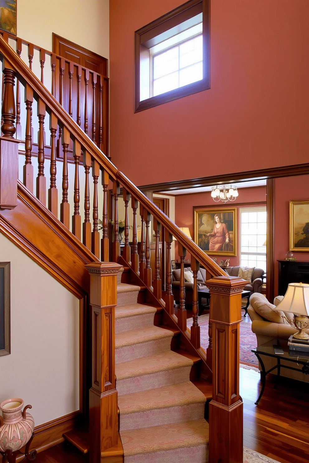 A traditional staircase with intricate woodwork gracefully ascends in the living room, showcasing detailed balusters and a polished handrail. The warm wooden tones complement the rich color palette of the space, creating an inviting focal point that enhances the overall elegance of the interior. The staircase is adorned with a plush runner that adds a touch of luxury and comfort. Surrounding the staircase, the living room features tasteful decor, including a vintage chandelier and framed artwork that harmonize with the classic design elements.