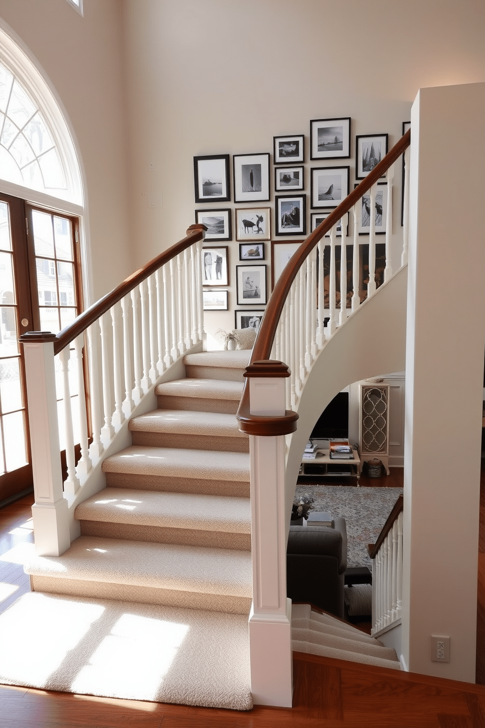 A stunning staircase features a sleek wooden handrail and white balusters, leading up to an elegantly designed gallery wall. The wall is adorned with a curated collection of framed art pieces and family photos, creating a warm and inviting atmosphere in the living room. The staircase is carpeted in a plush neutral tone that complements the rich wooden steps. Natural light floods the space through large windows, highlighting the vibrant colors and textures of the artwork displayed along the wall.