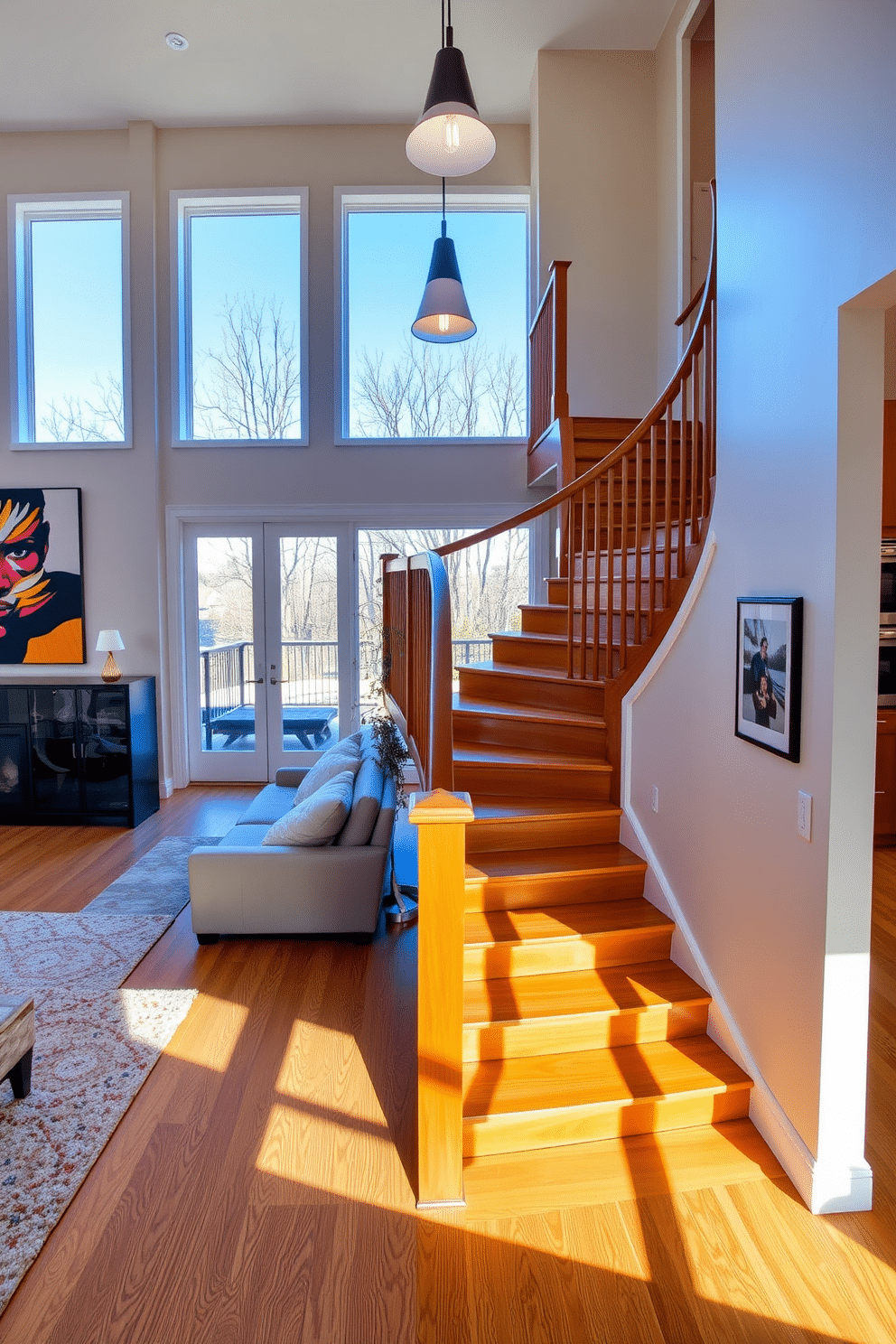 An L-shaped staircase elegantly winds through the living room, featuring a sleek wooden handrail and open risers that create a sense of spaciousness. The walls surrounding the staircase are adorned with contemporary artwork, while natural light floods the area through large windows, enhancing the warmth of the wood and inviting a cozy atmosphere. Incorporating the staircase into the living room design, the space is anchored by a plush area rug that complements the staircase's color scheme. Stylish pendant lighting hangs above, illuminating the staircase and highlighting its unique architectural features, making it a focal point of the room.