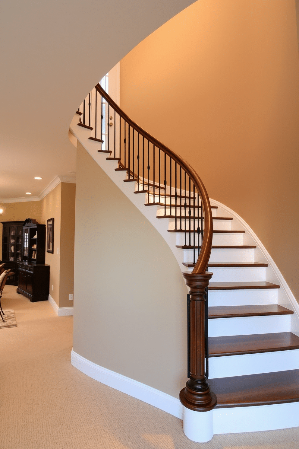 A winding staircase gracefully ascends through the living room, featuring soft, ambient lighting that highlights its elegant curves. The staircase is adorned with a rich wooden railing, while the walls are painted in a warm, neutral tone that complements the overall design of the space.