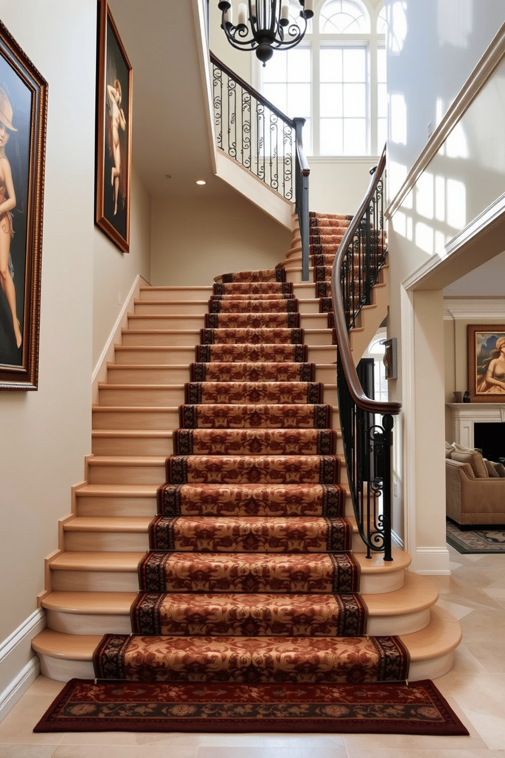 A stunning staircase featuring a luxurious patterned carpet runner that adds warmth and texture. The surrounding walls are adorned with elegant artwork, and natural light floods the space through a large window, highlighting the intricate details of the staircase. In the living room, the staircase serves as a focal point, seamlessly integrating with the overall design. The open layout allows for a harmonious flow between the living area and the staircase, creating an inviting atmosphere for guests.