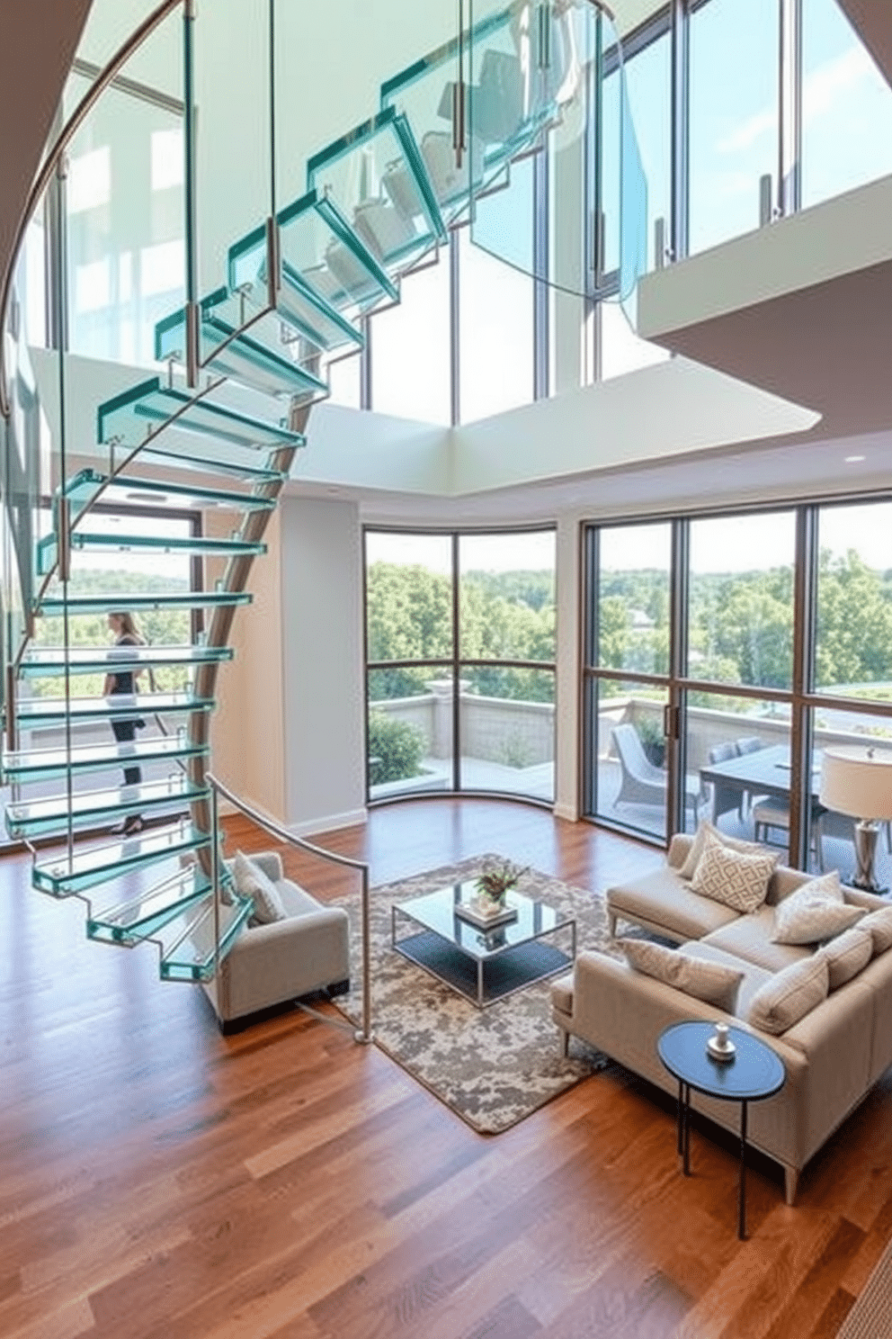 A stunning glass staircase elegantly spirals upward, allowing natural light to filter through its transparent panels, creating a sense of openness in the living room. The staircase is framed by sleek metal railings, complementing the modern aesthetic of the space while providing a striking visual focal point. In the living room, plush seating arrangements are strategically placed to enhance conversation and comfort, with a chic coffee table at the center. Large windows showcase a picturesque view, while a contemporary area rug adds warmth and texture to the polished hardwood floor.