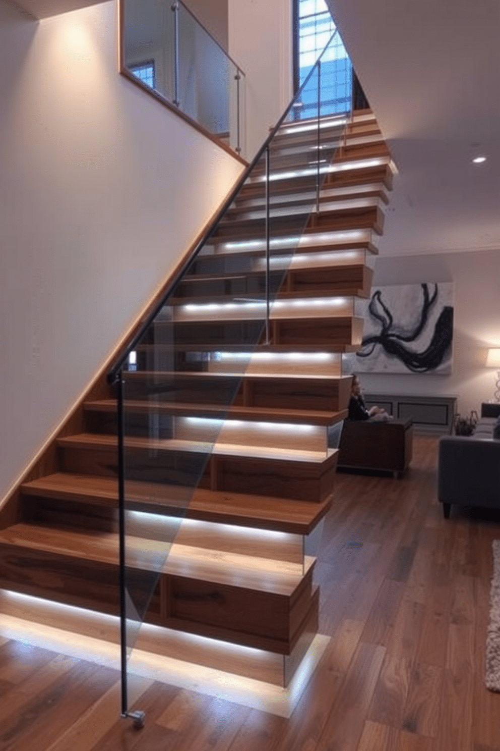 A stunning staircase with built-in lighting features elegantly illuminates the space. The steps are crafted from rich hardwood, seamlessly blending with a sleek glass railing that enhances the modern aesthetic. In the living room, the staircase serves as a striking focal point, complemented by a contemporary art piece on the adjacent wall. Soft, ambient lighting highlights the architectural details, creating an inviting atmosphere for relaxation and gatherings.