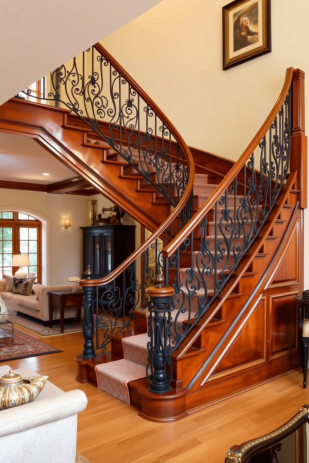 A vintage-style staircase with wrought iron railings elegantly winds through the living room, showcasing intricate detailing and a rich wood finish. The warm tones of the staircase complement the surrounding decor, which features plush seating and soft lighting to create an inviting atmosphere.