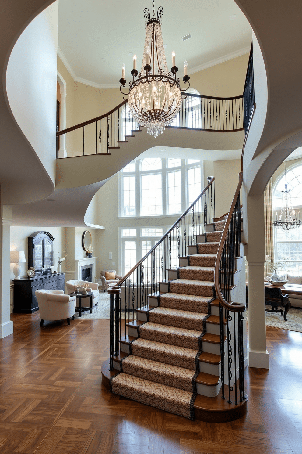 A grand staircase spirals gracefully upward, adorned with a luxurious carpet runner that complements the hardwood steps. Above, a stunning statement chandelier with crystal accents casts a warm glow, enhancing the elegance of the space. The living room features a spacious layout with the staircase as a focal point, flanked by plush seating arrangements. Large windows allow natural light to flood in, illuminating the rich textures and colors of the decor.