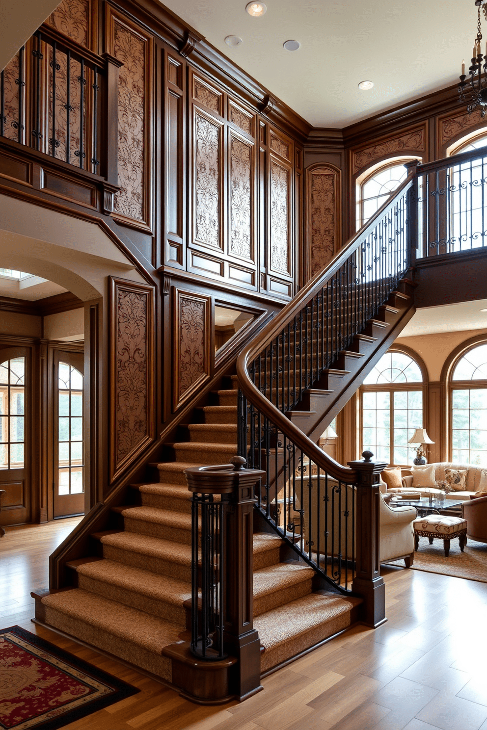 A grand staircase features intricate decorative wall paneling, showcasing a blend of classic and contemporary styles. The staircase is adorned with a rich, dark wood handrail and complemented by elegant wrought iron balusters. In the living room, the staircase serves as a stunning focal point, surrounded by plush furnishings and a warm color palette. Natural light floods the space through large windows, highlighting the craftsmanship of the wall paneling and the inviting atmosphere of the room.