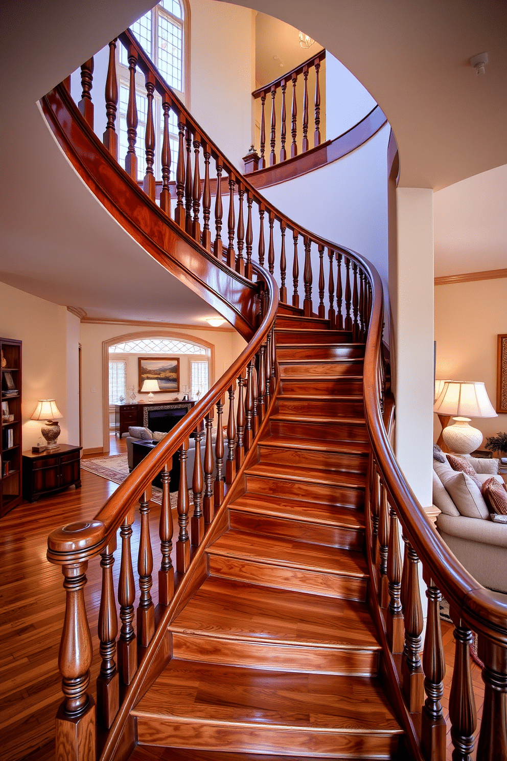 A stunning curved wooden staircase gracefully ascends, featuring ornate balusters that add a touch of elegance. The staircase is framed by a spacious living room adorned with plush furnishings and soft, ambient lighting, creating a warm and inviting atmosphere.