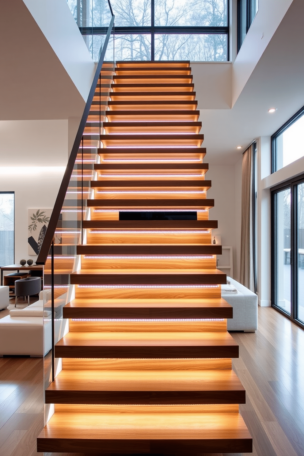 A stunning living room features a floating staircase with sleek wooden steps, illuminated by subtle LED strip lighting that enhances the modern aesthetic. The staircase gracefully ascends against a backdrop of floor-to-ceiling windows, allowing natural light to flood the space and highlight the elegant furnishings below.