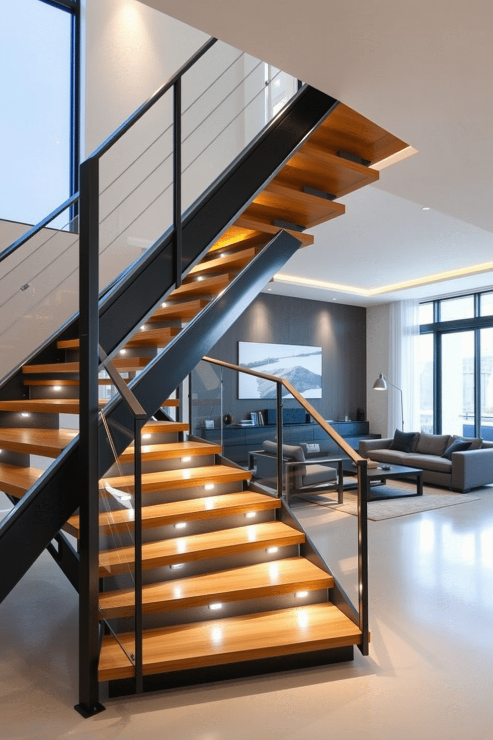 A modern staircase featuring bold geometric design elements, constructed from sleek metal and polished wood. The staircase is illuminated by strategically placed LED lights, creating a dramatic focal point in the living room. The surrounding living room showcases minimalist furniture with clean lines, complemented by a neutral color palette. Large windows flood the space with natural light, enhancing the staircase's striking architectural features.