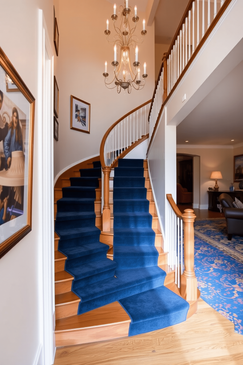 An elegant staircase features a plush runner carpet in a rich navy blue, accentuating the graceful curves of the wooden steps. The surrounding walls are adorned with framed artwork, and a stunning chandelier hangs above, casting a warm glow over the space. In the living room, the staircase serves as a focal point, seamlessly integrating with the overall design. Soft, neutral tones on the walls complement the vibrant hues of the carpet, creating a harmonious and inviting atmosphere.