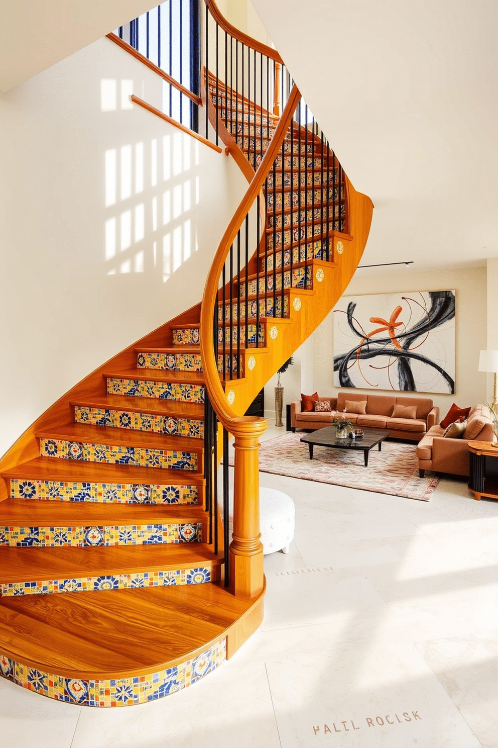 A stunning staircase with colorful mosaic tile accents winds gracefully through the living room, creating a vibrant focal point. The tiles feature intricate patterns in shades of blue, yellow, and red, complementing the warm wood of the handrail and steps. The living room surrounding the staircase is designed with a modern aesthetic, featuring plush seating and a large, abstract artwork on the wall. Natural light floods the space through expansive windows, highlighting the unique blend of textures and colors throughout the room.