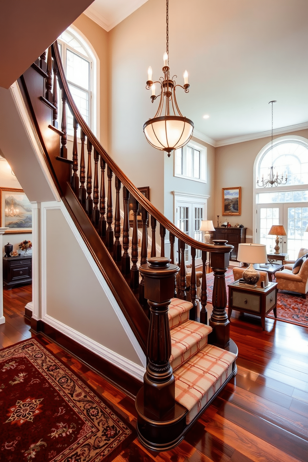 A classic staircase with a grand landing features intricately carved wooden balusters and a polished mahogany handrail that curves gracefully. The landing is adorned with a stunning chandelier that casts a warm glow, while plush area rugs in rich colors add comfort and style to the hardwood floor. In the living room, the staircase serves as a focal point, seamlessly integrating with the elegant decor. Large windows allow natural light to flood the space, highlighting the rich textures of the furniture and the sophisticated color palette that complements the classic architectural details.