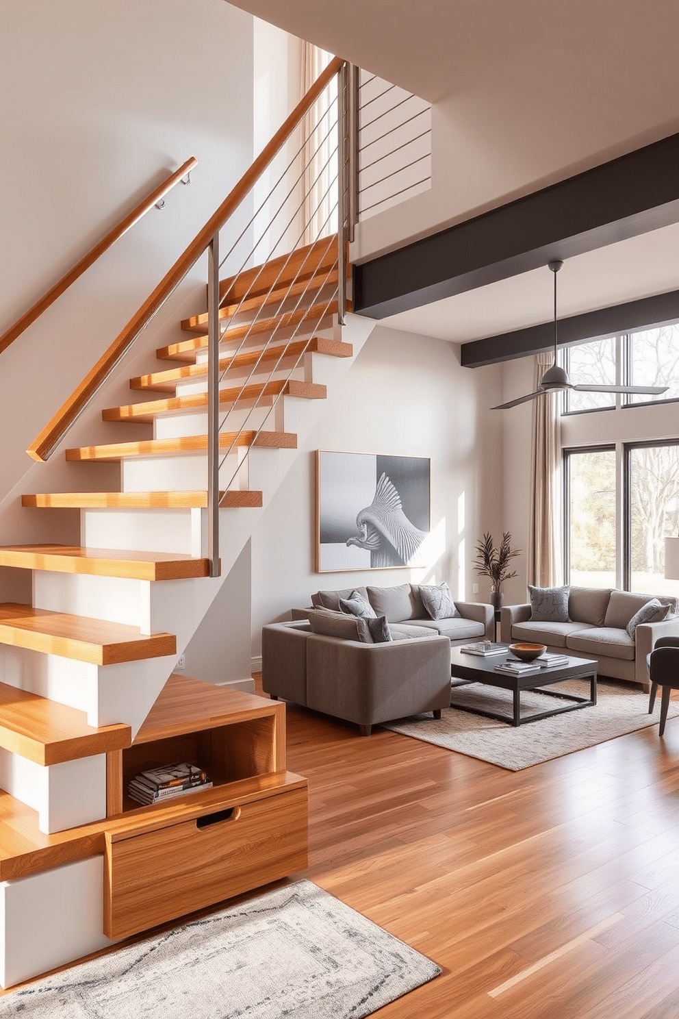 A modern staircase with a hidden storage compartment seamlessly integrates into the living room design. The staircase features sleek wooden steps and a minimalist railing, while the storage compartment is cleverly concealed beneath the bottom step, offering functional elegance. The living room showcases a cozy yet sophisticated atmosphere, with plush seating arranged around a stylish coffee table. Large windows allow natural light to flood the space, highlighting the warm tones of the hardwood flooring and the contemporary art pieces adorning the walls.