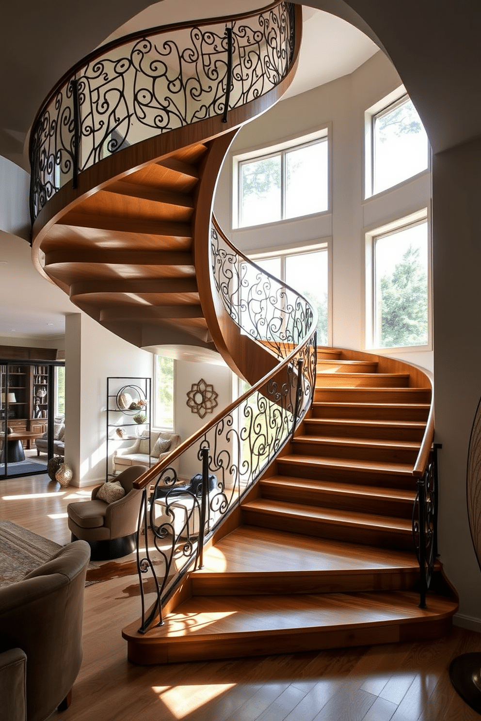 Artistic staircase with sculptural design. The staircase features flowing curves and intricate railings, crafted from a combination of wood and metal, creating a stunning focal point in the living room. Staircase in Living Room Design Ideas. The space is enhanced by natural light streaming through large windows, illuminating the elegant steps that blend seamlessly with the surrounding decor.