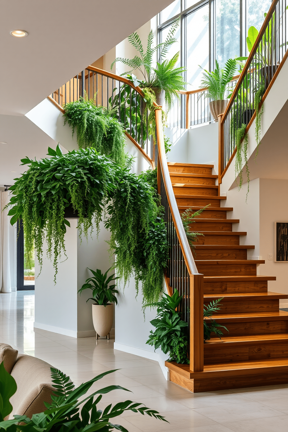 A stunning staircase is elegantly designed with a sleek wooden railing and open risers, allowing light to filter through. Surrounding the staircase, lush indoor greenery cascades from planters, creating a vibrant and inviting atmosphere. The living room features a grand staircase that serves as a focal point, seamlessly blending modern design with natural elements. Soft lighting illuminates the space, highlighting the rich textures of the staircase and the vibrant foliage around it.