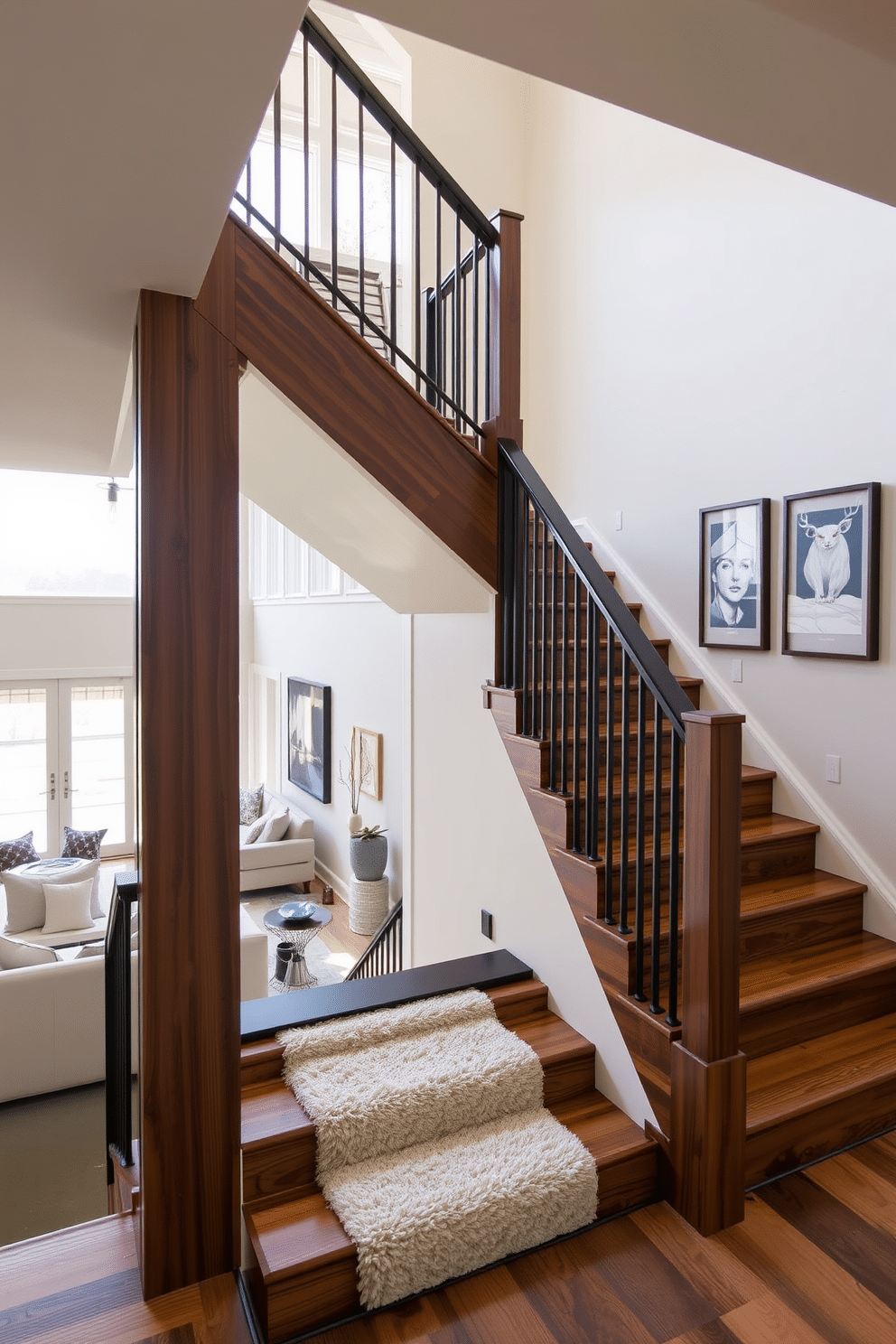 A stunning staircase design features a sleek wooden staircase with a rich walnut finish, complemented by a modern railing in a matte black finish. The living room below showcases an open layout with large windows, allowing natural light to illuminate the space and highlight the elegant contrast of the staircase. The staircase is adorned with a plush runner that adds warmth and texture, while the surrounding walls are painted in a soft white to enhance the overall brightness of the room. Decorative artwork hangs along the walls, creating a cohesive flow between the staircase and the living room design.