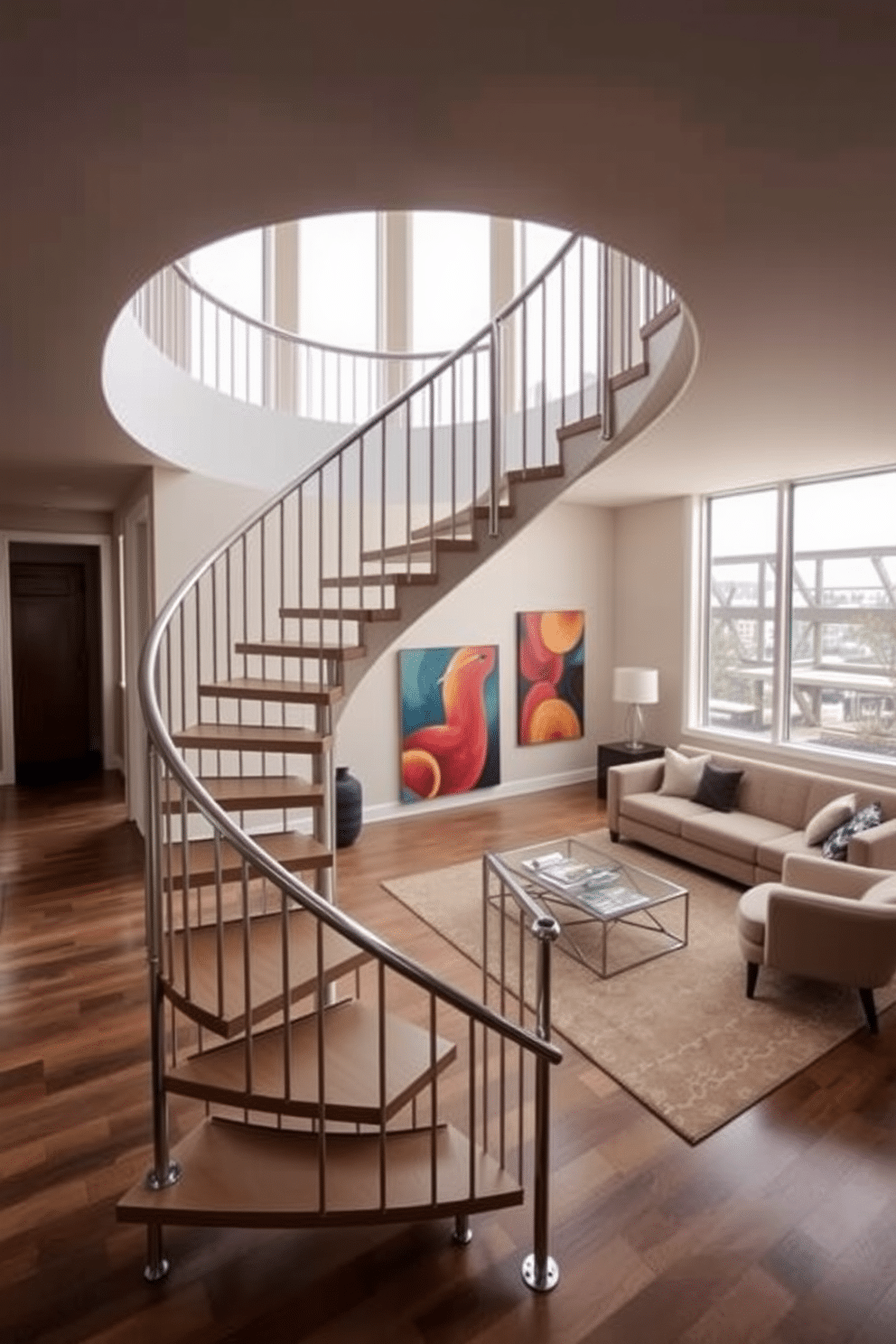 A stunning spiral staircase with sleek modern metal accents spirals gracefully from the ground floor to the upper level. The staircase features a minimalist design, with open risers and a polished handrail that complements the contemporary aesthetic of the living room. In the living room, large windows allow natural light to flood the space, highlighting the elegant curves of the staircase. The area is styled with a plush sectional sofa, a geometric coffee table, and vibrant artwork that adds a pop of color against the neutral walls.