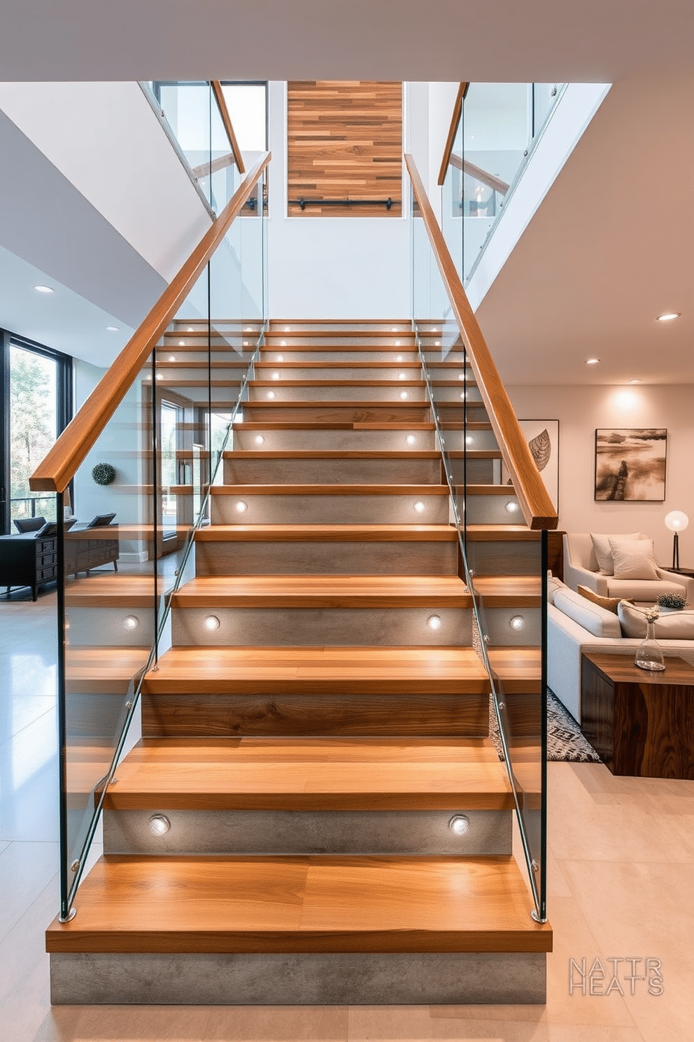 A stunning staircase featuring a blend of materials, showcasing a sleek wooden handrail and glass balustrades. The treads are a combination of polished concrete and natural wood, seamlessly integrating with the living room's modern aesthetic. The staircase is illuminated by strategically placed LED lights, highlighting its architectural beauty. Surrounding the staircase, the living room boasts a cozy seating area with plush sofas and a contemporary coffee table, creating an inviting atmosphere.