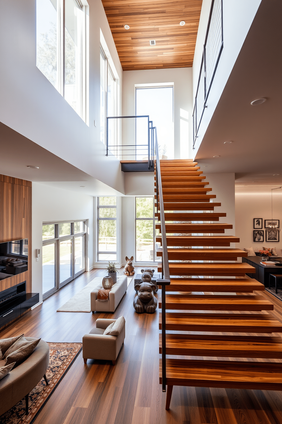 A stunning open riser staircase creates an airy and spacious feel, seamlessly connecting the living room to the upper levels of the home. The staircase features sleek wooden treads and a minimalist metal railing, allowing light to flow freely through the space. Incorporating the staircase as a focal point in the living room design, the surrounding area is adorned with contemporary furniture and rich textures. Large windows offer natural light, enhancing the warmth of the wooden elements and complementing the overall modern aesthetic.