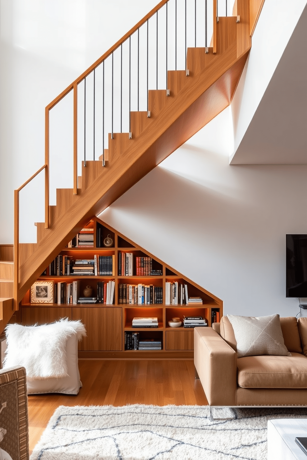 A modern living room featuring a sleek staircase with integrated bookshelves underneath. The staircase is crafted from polished wood, with open risers that allow light to filter through, creating an airy feel in the space. The bookshelves are built into the wall beneath the staircase, filled with an eclectic mix of books and decorative items. Soft, ambient lighting highlights the shelves, while a plush area rug anchors the seating arrangement in the room.