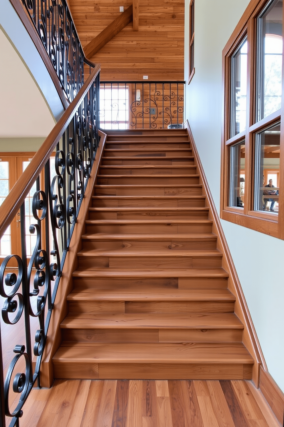 A rustic staircase with reclaimed wood steps leads gracefully from the living room to the upper levels of the home. The steps are complemented by a wrought iron railing adorned with intricate scrollwork, adding a touch of elegance to the natural warmth of the wood. In the living room, large windows allow natural light to flood the space, highlighting the rich textures of the reclaimed wood. A cozy seating area with a mix of vintage and modern furniture creates an inviting atmosphere, perfect for family gatherings and relaxation.