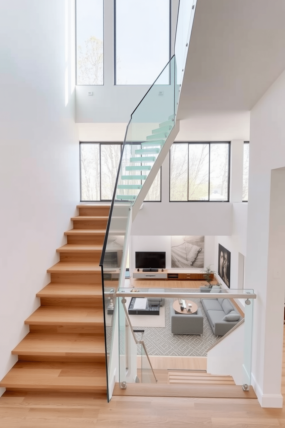 A minimalist staircase with sleek lines ascends gracefully, featuring a glass railing that enhances the openness of the space. The steps are made of light oak, contrasting beautifully with the white walls, creating a serene and modern atmosphere. In the living room, the staircase serves as a focal point, seamlessly integrating with the overall design. Large windows flood the area with natural light, highlighting the clean lines and simplicity of the staircase while complementing the warm tones of the furnishings.