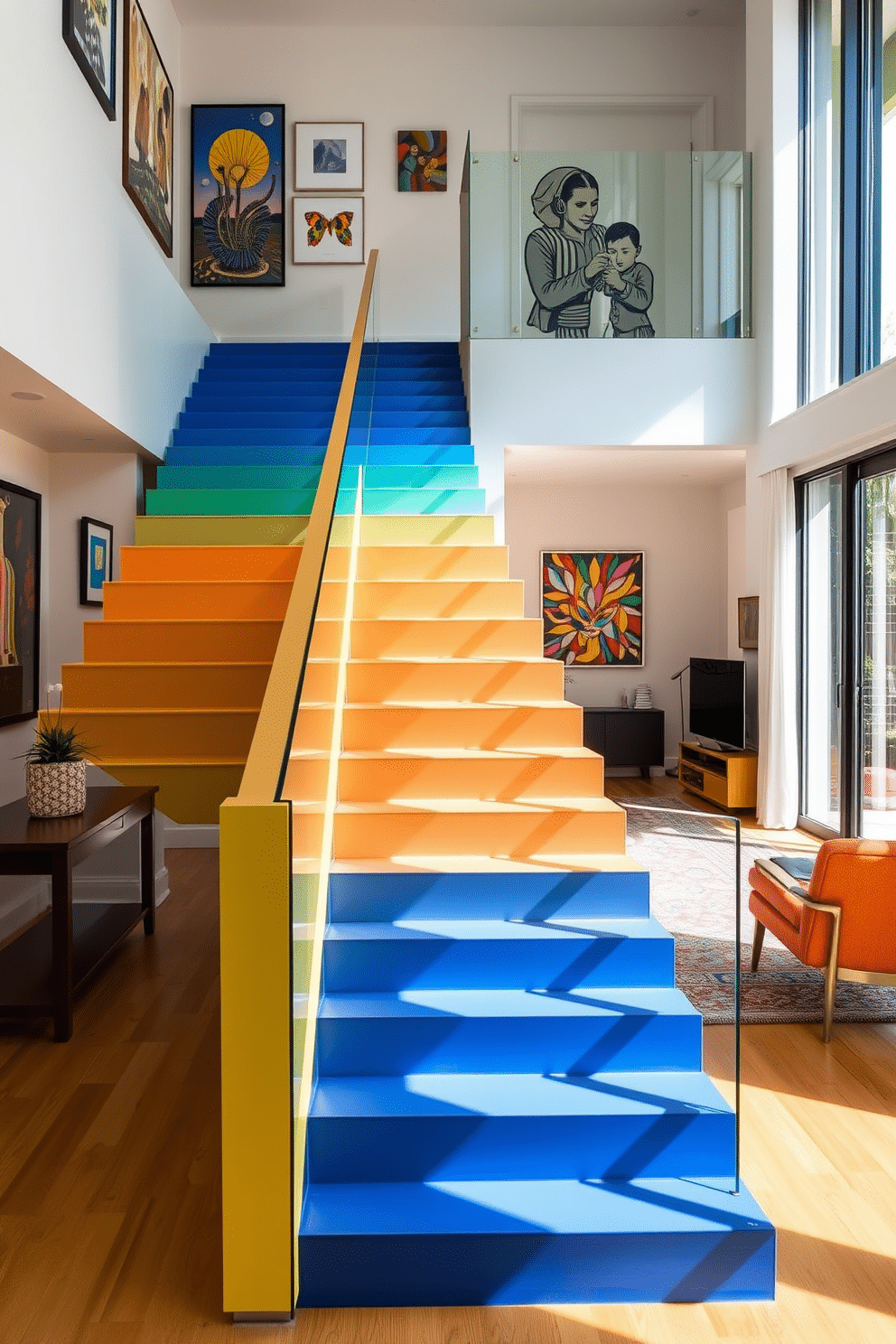 A vibrant staircase painted in a mix of bold colors, creating a striking focal point in the living room. The steps feature a gradient effect, transitioning from deep blue at the bottom to bright yellow at the top, while the surrounding walls are adorned with contemporary artwork. The staircase is complemented by a sleek glass railing, allowing the colors to stand out even more. Natural light floods the space through large windows, enhancing the cheerful atmosphere of this lively living room design.