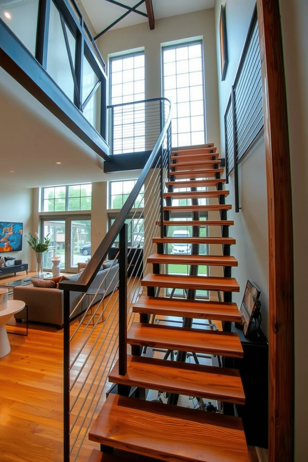 An industrial staircase with exposed metal framework ascends gracefully, showcasing a blend of raw materials and modern aesthetics. The steps are crafted from reclaimed wood, providing a warm contrast to the sleek metal railings and supports. In the living room, the staircase serves as a striking focal point, enhancing the open space with its bold design. Large windows nearby allow natural light to flood the area, highlighting the textures of the staircase and the surrounding decor.